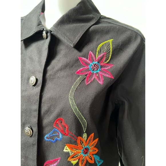 White Stag Womens Denim Jacket Coat Black Floral Button Up Embroidered S New - Picture 4 of 12